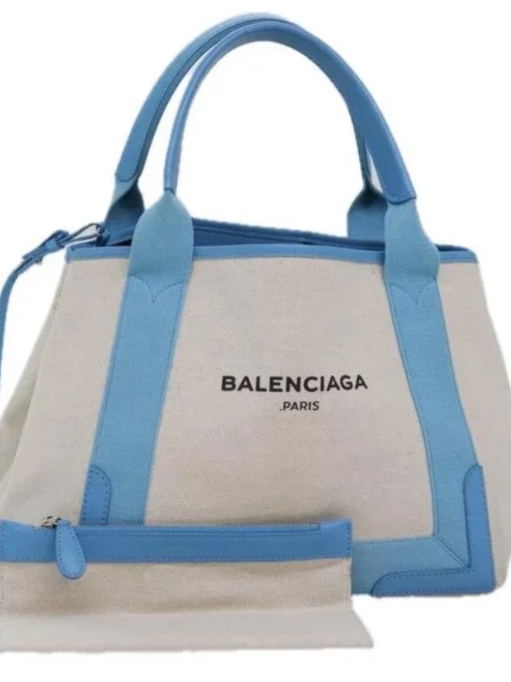 Balenciaga Beige Canvas Tote with Light Blue Trim